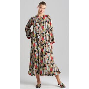 Natori Asian Dynasty Crowded City SatinZip Long Sleeve Black Kaftan Robe Small